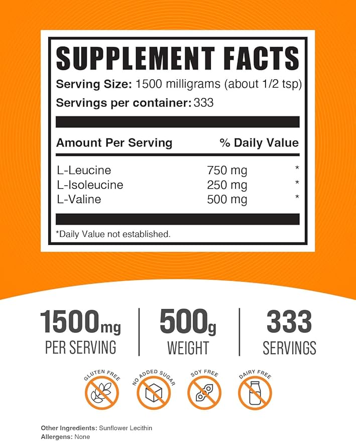 BulkSupplements.com BCAA 3:1:2 Powder - BCAA Supplements, BCAA Powder, Branched Chain Amino Acids - Unflavored & Gluten Free, 1500mg per Serving, 500g (1.1 lbs) (Pack of 1)