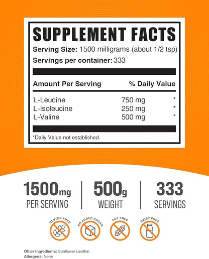 BulkSupplements.com BCAA 3:1:2 Powder - BCAA Supplements, BCAA Powder, Branched Chain Amino Acids - Unflavored & Gluten Free, 1500mg per Serving, 500g (1.1 lbs) (Pack of 1)