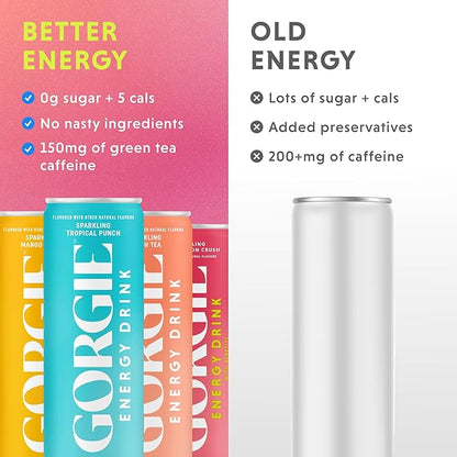 GORGIE Bestsellers Variety, Sugar-Free Natural Energy Drink Sparkling, Healthy Energy Drinks - Green Tea, Biotin, B Vitamins -150mg Caffeine, Vegan, & Low Calorie (Pack of 12)