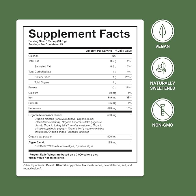 ACTIVATEDYOU Superfood Protein Shake -Vegan Plant Protein Powder - with Organic 7 Mushroom Blend, Spirulina, and GoldRella Chlorella - Promotes Muscle Integrity, Chocolate Flavor (15 Servings)