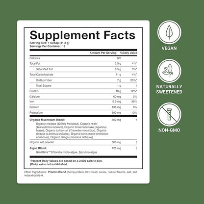 ACTIVATEDYOU Superfood Protein Shake -Vegan Plant Protein Powder - with Organic 7 Mushroom Blend, Spirulina, and GoldRella Chlorella - Promotes Muscle Integrity, Chocolate Flavor (15 Servings)