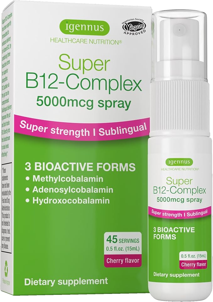 Super B12-Complex 5000mcg, Sublingual Spray, Methylated Vitamin B12, High Strength Methylcobalamin, Adenosylcobalamin & Hydroxocobalamin, Natural Cherry Flavor, 45 Servings, Vegan, by Igennus