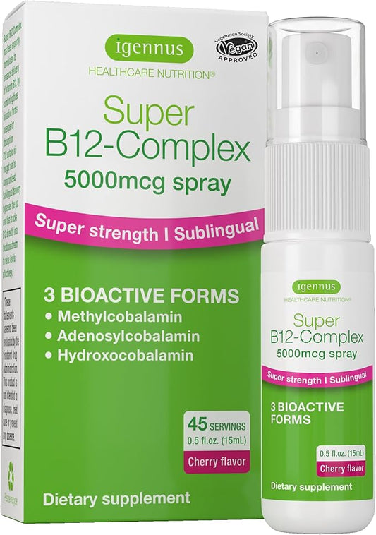 Super B12-Complex 5000mcg, Sublingual Spray, Methylated Vitamin B12, High Strength Methylcobalamin, Adenosylcobalamin & Hydroxocobalamin, Natural Cherry Flavor, 45 Servings, Vegan, by Igennus