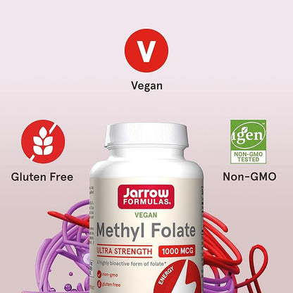 Jarrow Formulas® Methyl Folate 1000 mcg, Dietary Supplement, Methyl Folate for Cellular Energy Support, 100 Veggie Capsules, 100 Day Supply