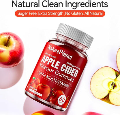 Apple Cider Vinegar Gummies, 2400 MG ACV Gummies with Multivitamin, Vegan, Non-GMO, Gluten Free, 60 Gummies
