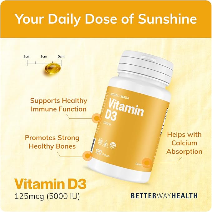 Better Way Health Vitamin D3-5,000 IU Softgel - High Potency Formula, Supports Bone Health & Immune System - 120 Softgels of Vitamin D3 - Non-GMO, Dairy Free