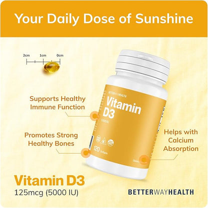 Better Way Health Vitamin D3-5,000 IU Softgel - High Potency Formula, Supports Bone Health & Immune System - 120 Softgels of Vitamin D3 - Non-GMO, Dairy Free