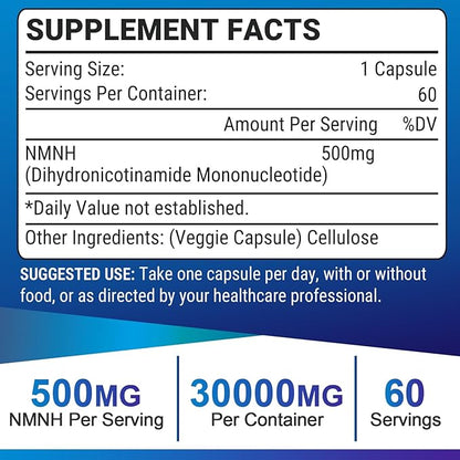NMNH (Dihydronicotinamide Mononucleotide), 500mg per Serving NAD Supplement to Boost NAD+ Levels as We Age (May Be More Effective Than Nicotinamide Riboside) for Anti Aging, Energy Focus - 120 Capsule