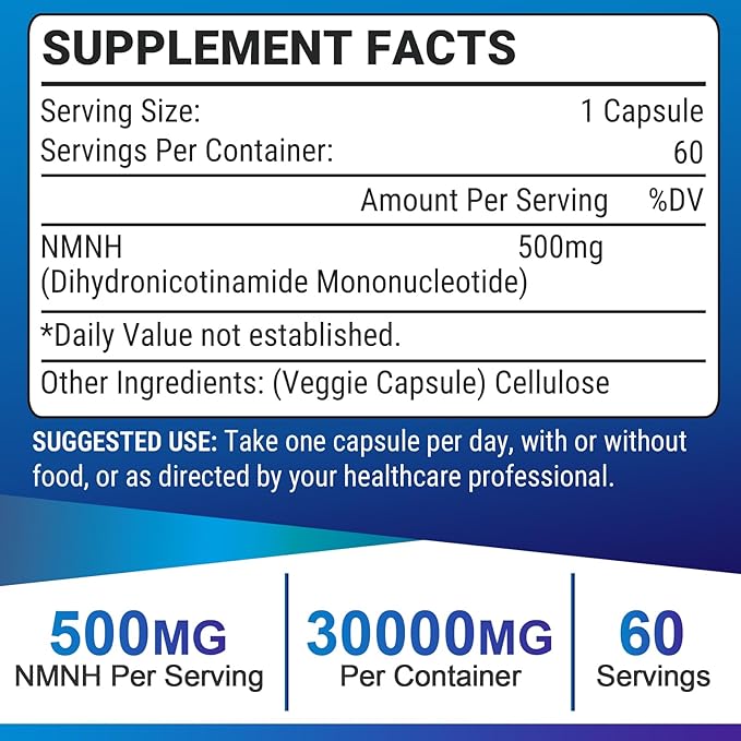 NMNH (Dihydronicotinamide Mononucleotide), NAD Supplement to Boost NAD+ Levels as We Age (May Be More Effective Than Nicotinamide Riboside), 500mg Per Serving - 240 Count (240 Servings)