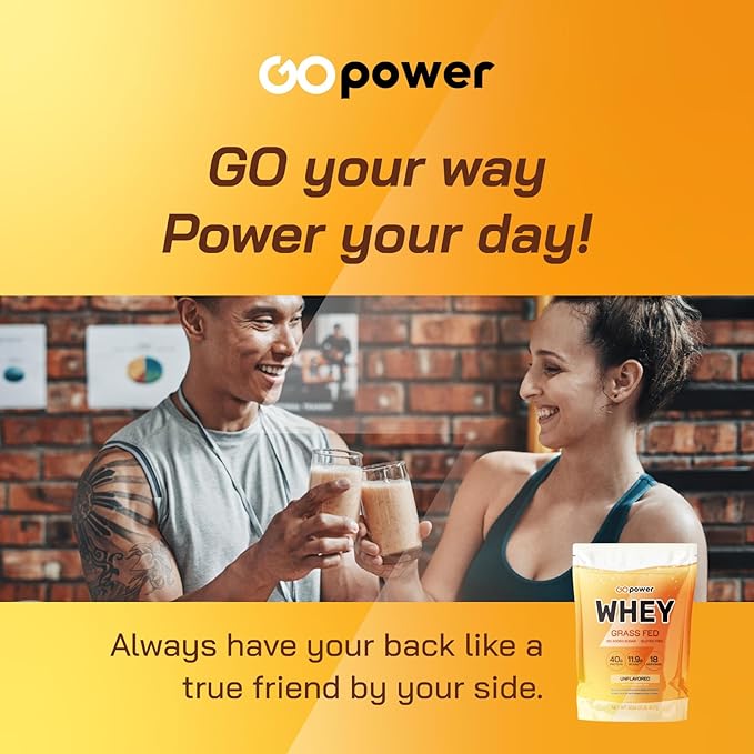 GOPOWER Whey Protein Powder, with BCAAs, Grass Fed Protein Powder, 2 Pound, 18 Servings