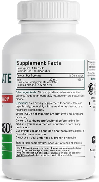 Bronson Iron Bisglycinate 25 mg Gentle on The Stomach, Supports Energy & Healthy Red Blood Cell Production - Non-Constipating Formula - Non GMO, 360 Vegetarian Capsules