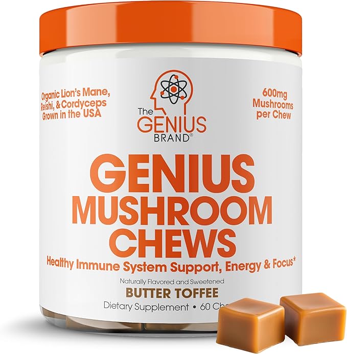 Genius Mushroom Soft Chews – Lion's Mane, Cordyceps, Reishi Complex for Energy, Focus, Brain Health, Immune Support – Nootropic Chew, Butter Toffee Flavor