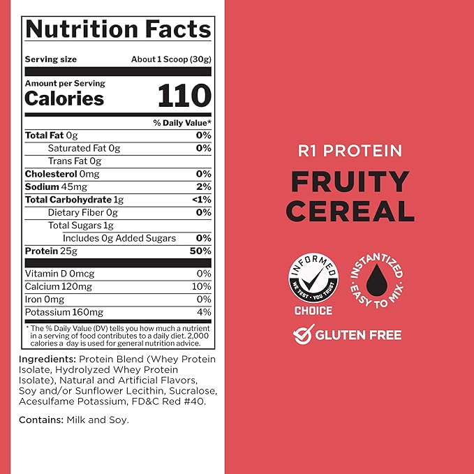 Rule One Proteins R1 Protein - 25g Fast-Acting, Super-Pure 100% Isolate and Hydrolysate Protein Powder with 6g BCAAs (5 Pounds*, Fruity Cereal)