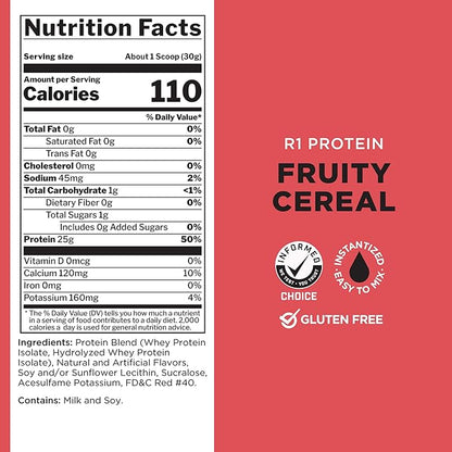 Rule One Proteins R1 Protein - 25g Fast-Acting, Super-Pure 100% Isolate and Hydrolysate Protein Powder with 6g BCAAs (5 Pounds*, Fruity Cereal)