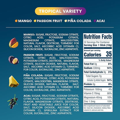 DripDrop Hydration - Tropical Variety Pack - Electrolyte Drink Mix Single Serve Hydration Powder Packets - Mango, Açaí, Passion Fruit, Piña Colada | Non-GMO, Gluten Free, Vegan | 32 Sticks