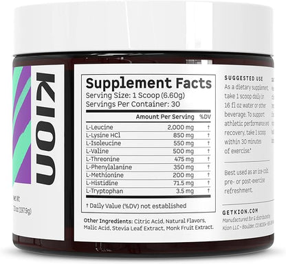 Kion Aminos - Essential Amino Acids Supplement, Essential Amino Acids Powder for Muscle Recovery, BCAA EAA No Caffeine, Amino Acid Powder, Essential Amino Energy - 30 Servings, Mixed Berry