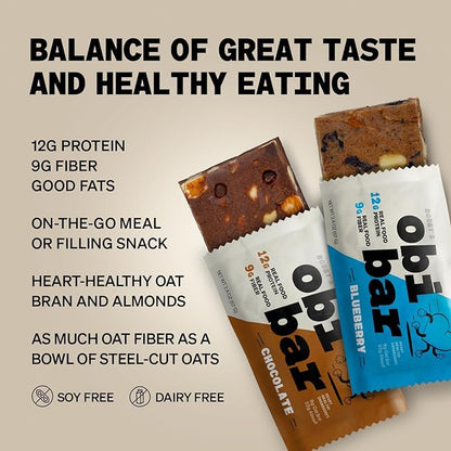 Obi Bar Sampler - Protein and Oat Fiber Bar | All Natural | Meal Bar | Heart and Gut Health | Lightly Sweet | 6 Chocolate and 6 Blueberry | Almond Chunks | Soy Free, Dairy Free | Ideal Meal Replacement Bar