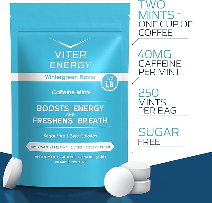 Viter Energy Caffeinated Mints 40mg Caffeine, B Vitamins, Sugar Free. (Wintergreen, 8oz, Bulk Bag)