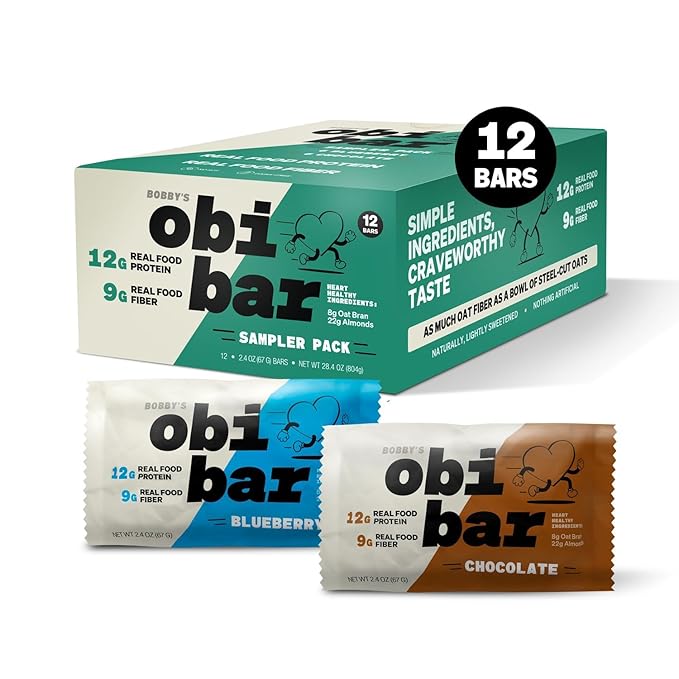 Obi Bar Sampler - Protein and Oat Fiber Bar | All Natural | Meal Bar | Heart and Gut Health | Lightly Sweet | 6 Chocolate and 6 Blueberry | Almond Chunks | Soy Free, Dairy Free | Ideal Meal Replacement Bar