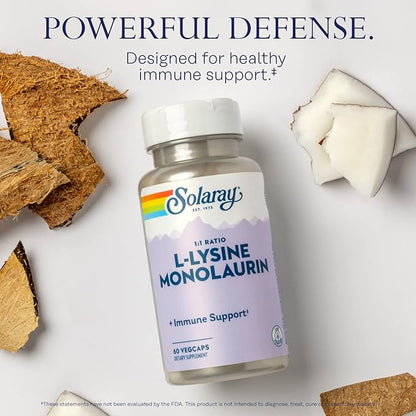 Solaray L-Lysine Monolaurin Immune Support Supplement, 1:1 Ratio for Immune System Function, Skin and Gut Health Support, 500 mg Each, 60-Day Money Back Guarantee, 30 Servings, 60 VegCaps