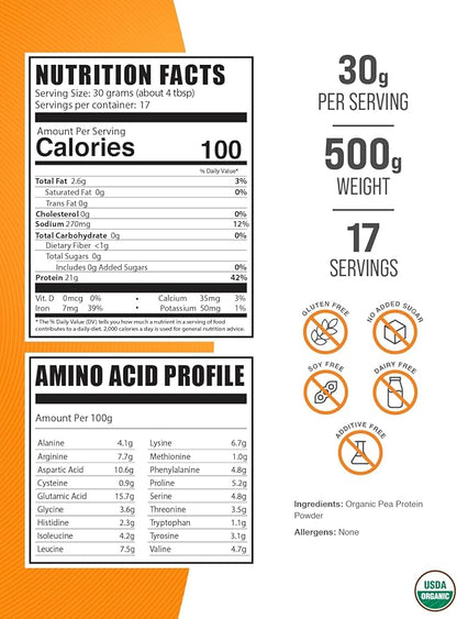 BulkSupplements.com Organic Pea Protein Powder - Vegan Protein Powder, Pea Protein Powder - Unflavored, Plant Based Protein - Gluten Free, 30g per Serving, 500g (1.1 lbs) (Pack of 1)