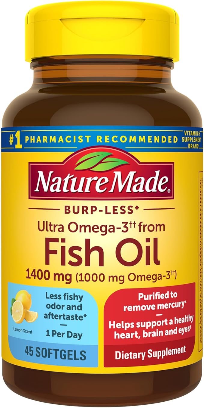 Nature Made Burp Less Ultra Omega 3 Fish Oil 1400 mg, Fish Oil Supplements, Omega 3 Supplement for Healthy Heart, Brain and Eyes Support, One Per Day, 45 Softgels