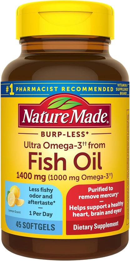 Nature Made Burp Less Ultra Omega 3 Fish Oil 1400 mg, Fish Oil Supplements, Omega 3 Supplement for Healthy Heart, Brain and Eyes Support, One Per Day, 45 Softgels