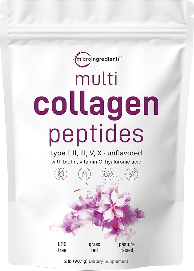 Multi Collagen Protein Powder, 2lbs – Hydrolyzed Collagen Peptides | Type I,II,III,V,X with Biotin 10000mcg, Hyaluronic Acid, Vitamin C – Unflavored – Keto & Paleo Friendly, Easy Dissolve, Non-GMO