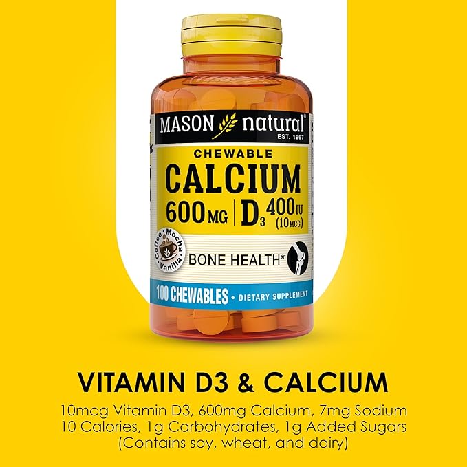 MASON NATURAL Calcium 600 mg with Vitamin D3 - Supports Healthy Bones, Strengthens Muscle Function, Coffee Mocha Flavor, 100 Chewables (Pack of 3)
