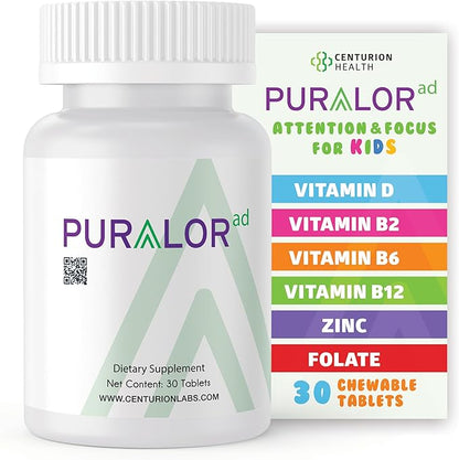 Centurion Premium Puralor AD, Cognitive and Focus Supplement for Kids with Saffron, Folate, Vitamin C, D and Zinc, 30 Chewable Tablets