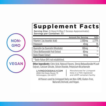 Livingood Daily High Dose Vitamin C Powder Supplement - 2,600mg Ascorbic Acid Powder Supports Immunity & Skin Health - Powdered Vitamin C with Quercetin & Citrus Bioflavonoids - Vegan, 30 Servings