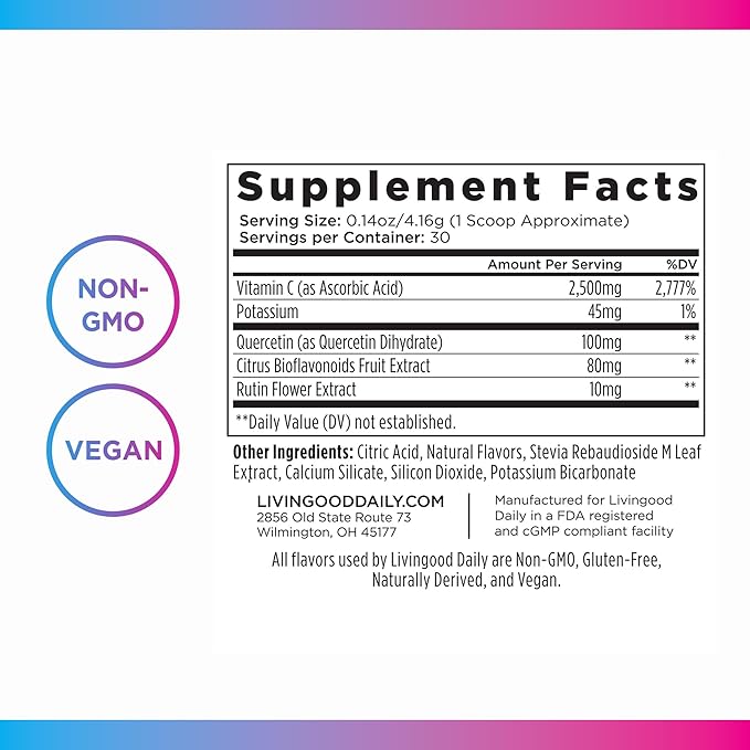 Livingood Daily High Dose Vitamin C Powder Supplement - 2,600mg Ascorbic Acid Powder Supports Immunity & Skin Health - Powdered Vitamin C with Quercetin & Citrus Bioflavonoids - Vegan, 30 Servings