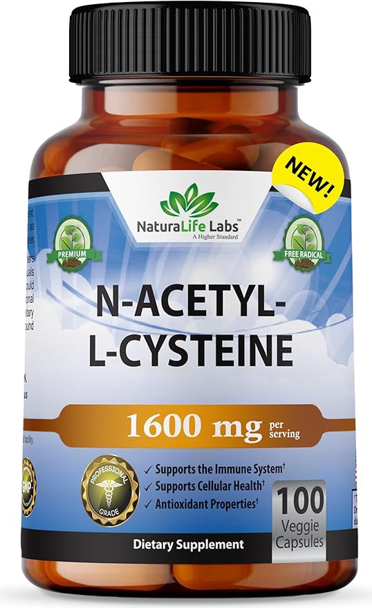 NaturaLife Labs A Higher Standard N-Acetyl-L-Cysteine (NAC) 1600 mg Immune Support & Antioxidants*, Free-Radicals, Free Form - 100 Veggie Capsules