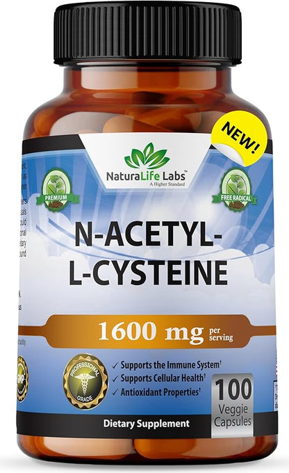 NaturaLife Labs A Higher Standard N-Acetyl-L-Cysteine (NAC) 1600 mg Immune Support & Antioxidants*, Free-Radicals, Free Form - 100 Veggie Capsules