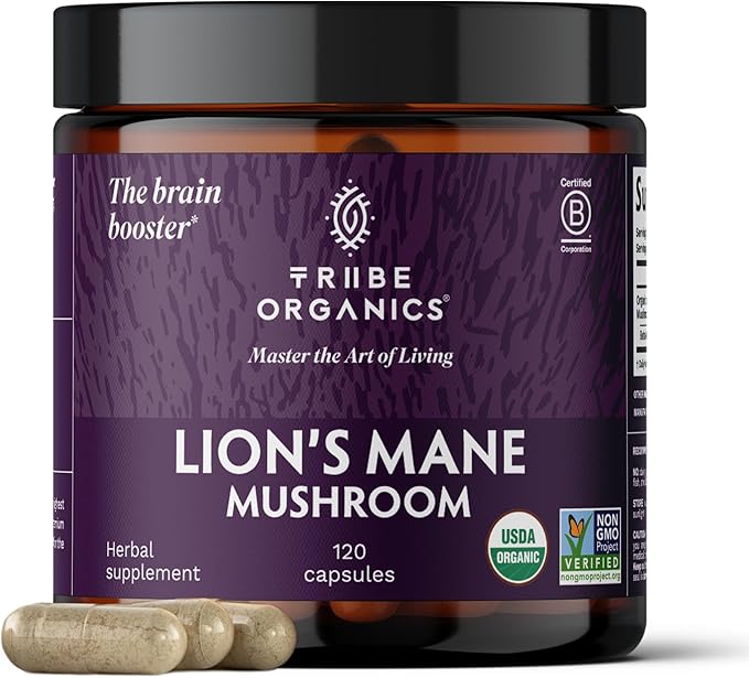 TRIBE ORGANICS Lion’s Mane Supplement 1800mg Mushroom Extract Powder - Immune System Booster & Brain Nootropic for Focus and Memory | Mental Clarity | Natural Energy and Immunity - 120 Vegan Capsules
