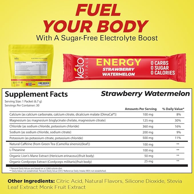 Keto Vitals Keto Electrolyte Energy Drink Powder Packets - Increases Energy - Keto Electrolyte Supplement for Energy and Rehydration - Strawberry Watermelon Keto Energy Powder Packets, 30 Count