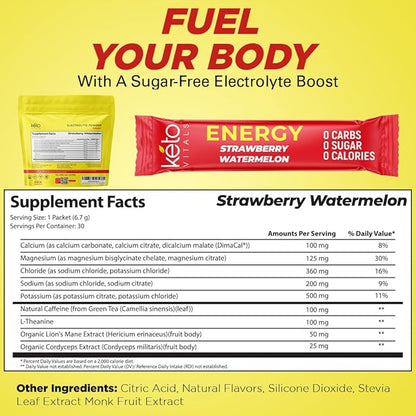 Keto Vitals Keto Electrolyte Energy Drink Powder Packets - Increases Energy - Keto Electrolyte Supplement for Energy and Rehydration - Strawberry Watermelon Keto Energy Powder Packets, 30 Count