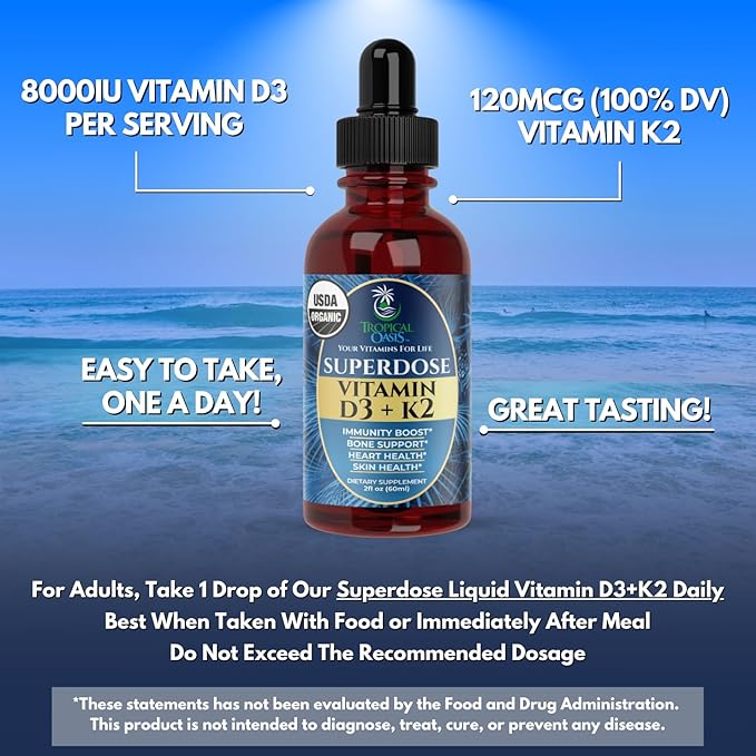 USDA Organic Liquid Vitamin D3 K2 Drops for Adults | Superdose 8000IU Pure Vitamin D3 | 60 Serv | Vitamin D K2 Supplement for Immune Support & Bone Health | 98% Absorption | Vegan, Non-GMO | 2 Fl Oz