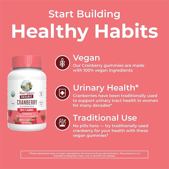 MaryRuth Organics Organic Cranberry Gummies | Cranberry Supplement | Urinary Tract Health for Women | with D Mannose | 500mg Cranberry | Traditional Use | USDA Organic | Vegan | Non GMO | 30 Servings
