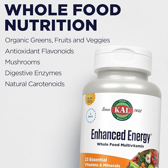 KAL Enhanced Energy Supplements, 3 Daily - Whole Food Multivitamin for Women and Men, Iron Free - 23 Essential Vitamins, Minerals, Super Foods, Digestive Enzymes, 60-Day Guarantee, 30 Serv, 90 VegTabs