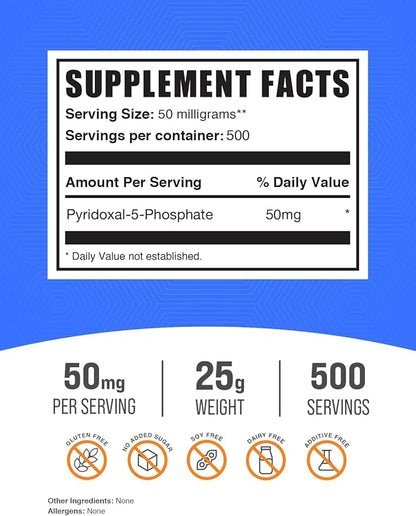 BulkSupplements.com Pyridoxal 5 Phosphate Powder - P-5-P Vitamin B6 Supplement, P-5-P 50mg - P5P Supplement, Gluten Free, 50mg of per Serving, 25g (0.88 oz) (Pack of 1)