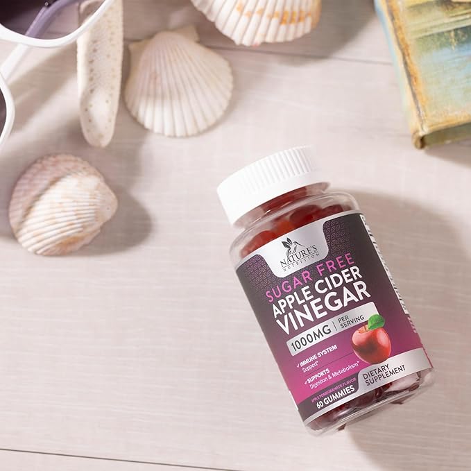 Nature's Nutrition Apple Vinegar Gummy for Weight Loss 1000mg - Vegan Apple Cider Vinegar Gummies for Detox & Cleanse, ACV Supplement Pills, Vitamin B12, Sugar Free ACV Gummy, Non-GMO - 60 Gummies