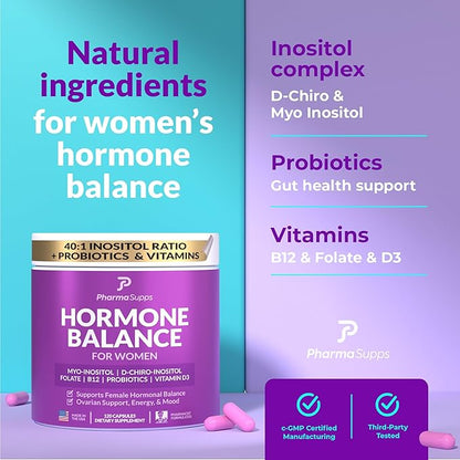 Hormone Balance for Women, Ovarian Support, Fertility, Menstrual Cycle, PCOS | Myo-Inositol & D-Chiro Inositol Supplement 40:1 Ratio w/Folic Acid for Hormonal Balance, B12 & Probiotics - 120 Count