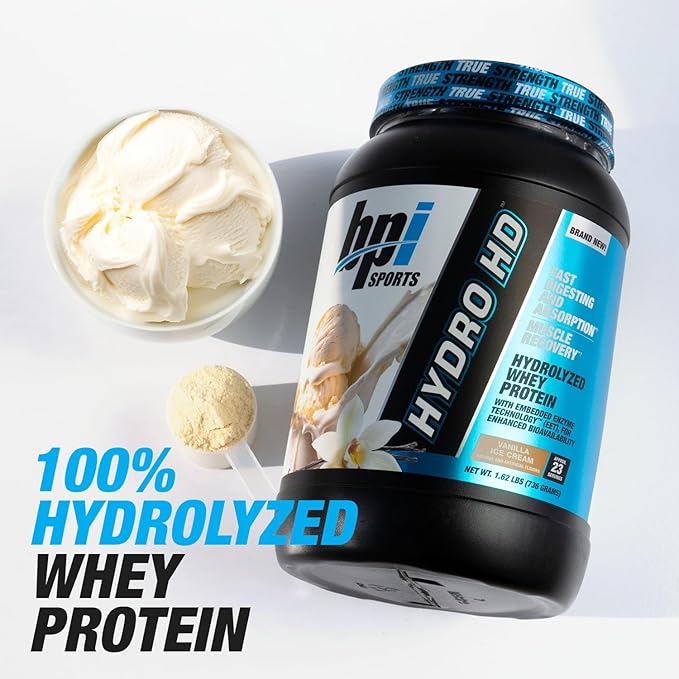 BPI Sports Hydro HD - 100% Hydrolyzed Whey Protein Powder - Muscle Growth, Recovery, 25g of Protein, Low Carb, Low Sugar, Fast Absorbing (68 Servings, Vanilla Ice Cream)
