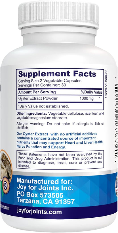 Oyster Extract - Pure, Highly Concentrated Supplement for Men & Women – Supports Energy & Immune Boost; Zinc, Taurine, Amino Acids, and Vitamins, 500 mg, 60 Veg Capsules, Made in USA