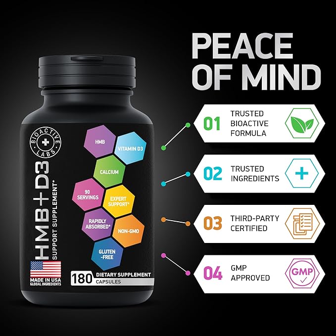 HMB Supplements with Vitamin D3 - 1,000mg Calcium Beta-Hydroxy Beta-Methylbutyrate per Serving for Muscle Growth, Strength & Recovery - 180 Gluten-Free, Non-GMO HMB Capsules, 3-Month Supply