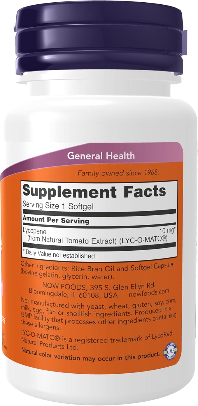 NOW Supplements, Lycopene 10 mg with Natural Extract from Tomatoes, Free Radical Scavenger*, 60 Softgels