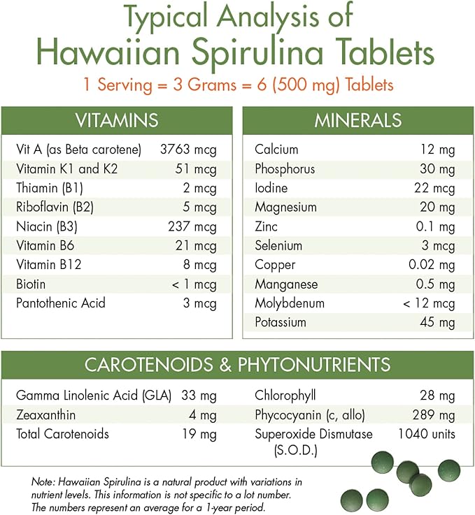 Nutrex Hawaii, Pure Hawaiian Spirulina 500 mg, Vegan, Supports Immune System, Heart, Cells and Energy, 100 Tablets