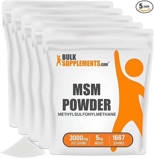 BulkSupplements.com MSM Powder - Methylsulfonylmethane, MSM Supplement - MSM Pure Powder, MSM 3000mg - for Joint Health, Gluten Free, 3000mg per Serving, 5kg (11 lbs) (Pack of 5)