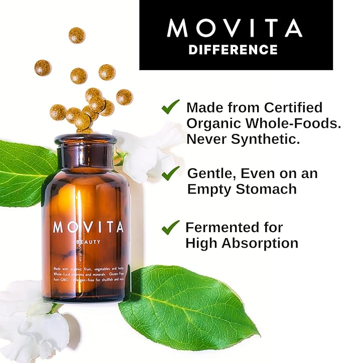 Movita Beauty – Promotes Healthy Hair, Skin & Nails with Biotin & Choline –Fermented Whole Foods, Organic, Vegan, Gluten-Free, Non-GMO – 30-Day Supply (Eco-Friendly Pouch)